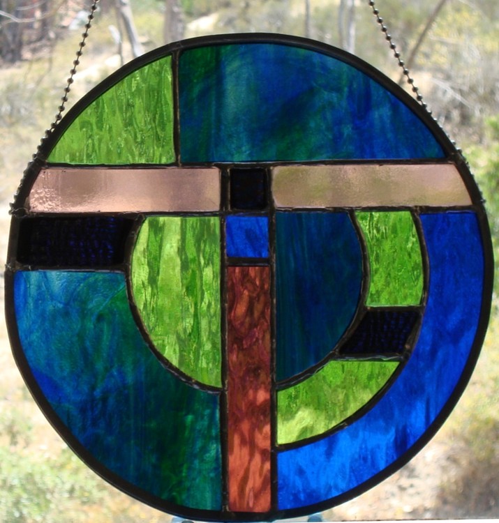 circular stained glass piece with dichro 12 1 2 in