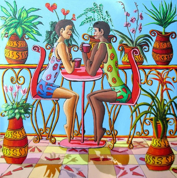 couple sur le balcon peintre israélien artiste peinture naïve oeuvre d'art primitif