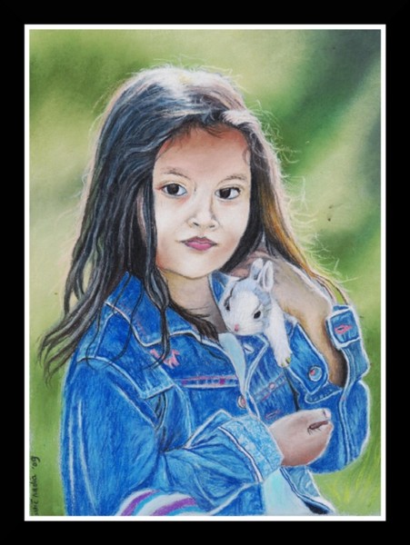 nc art orig pastel little girl with rabbit