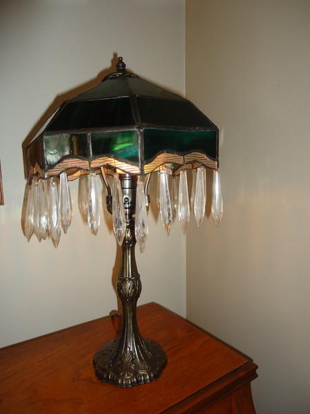 Green lamp with antique teardrop prisms