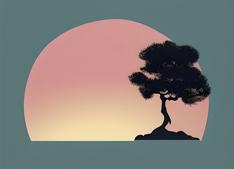 Bonsai sunset minimalist painting