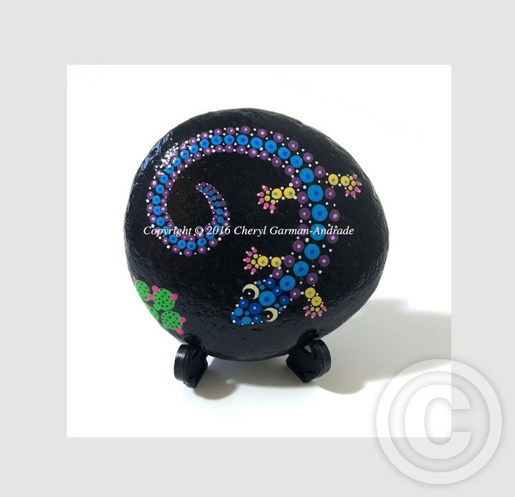 Blue & Purple Lizard Dot Art River Stone