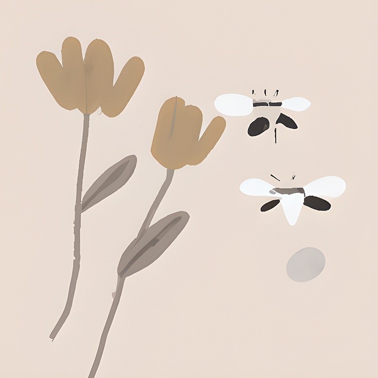Flowers and bees soft tones minimalist painting