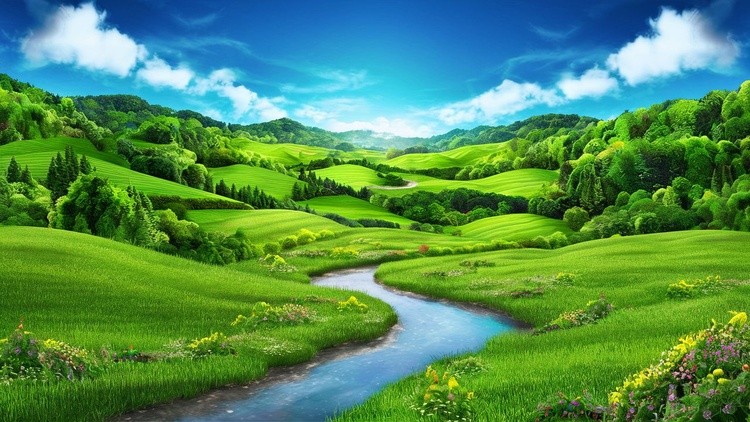 Lush green landscape with serpentine river