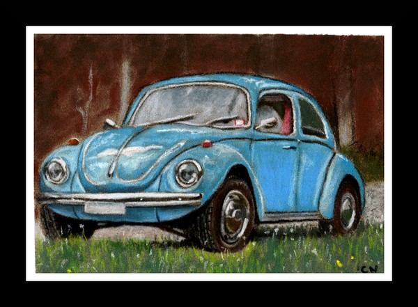 nc art orig pastel vw beetle car 1972