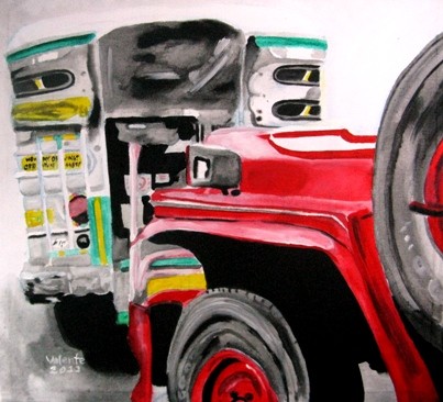 grey and red jeepney