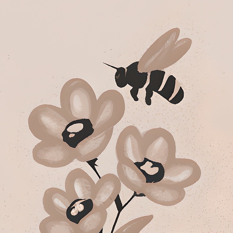 Flowers and bee pink and black minimalist paintine