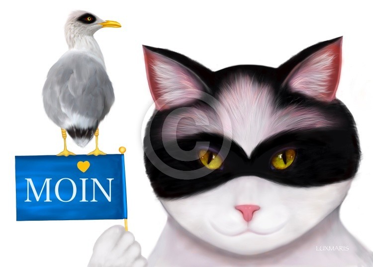 The masked Cat & the masked Seagull say „MOIN“