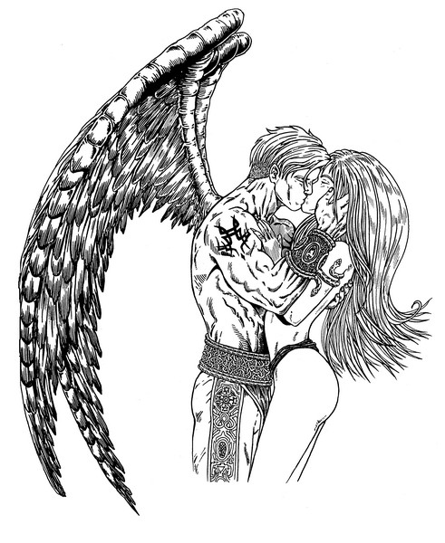 Angel and his beloved kissing