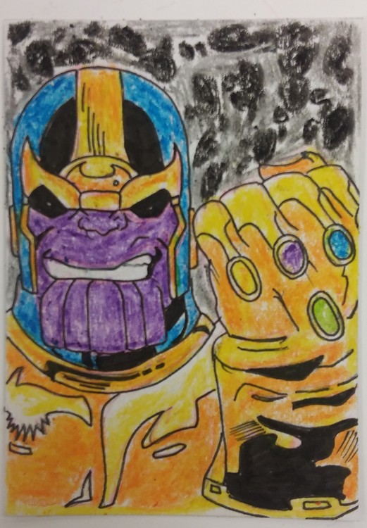 2.5in x 3.5in Thanos and The Infinity Gauntlet sketch card.