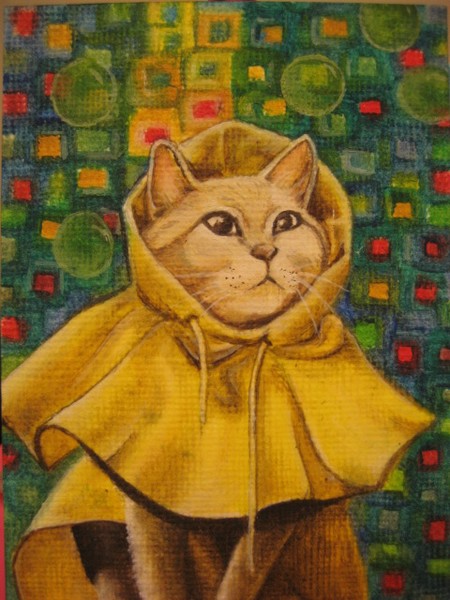 ACEO-Cat in a yellow raincoat