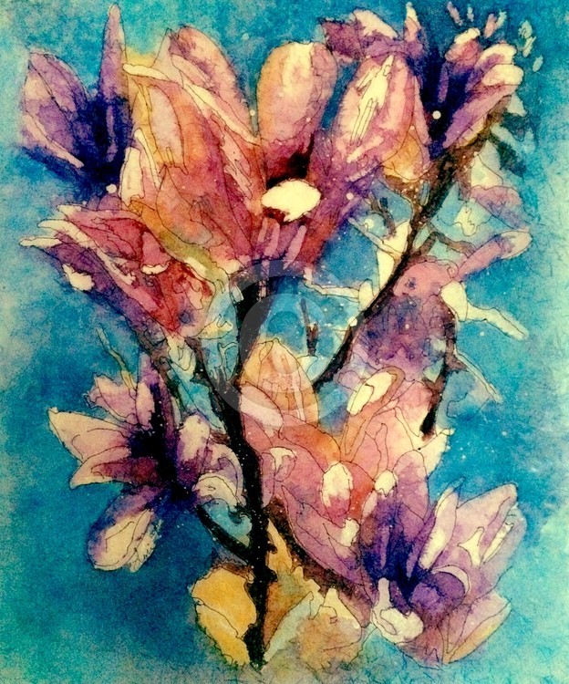 Japanese magnolia watercolor batik