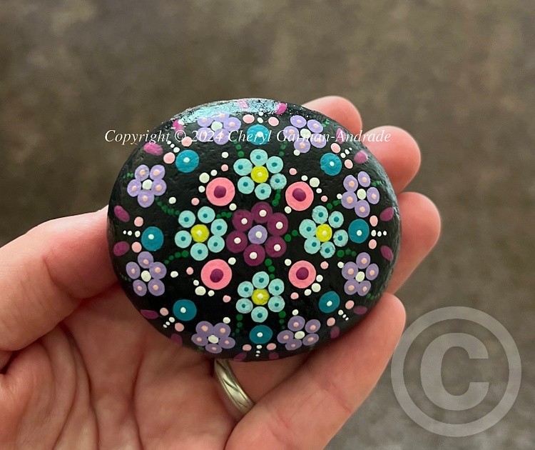 Black Flower Mandala Dot Art River Stone 