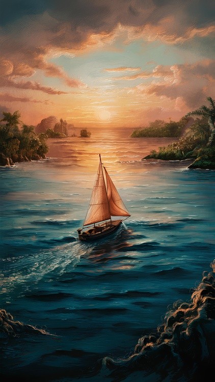 Sailing boat on ocean at sunset