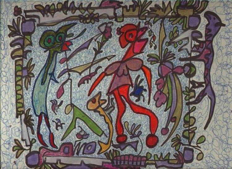 Peace Jungle (11x14 mixed media drawing)..(c) 2003..elton houck