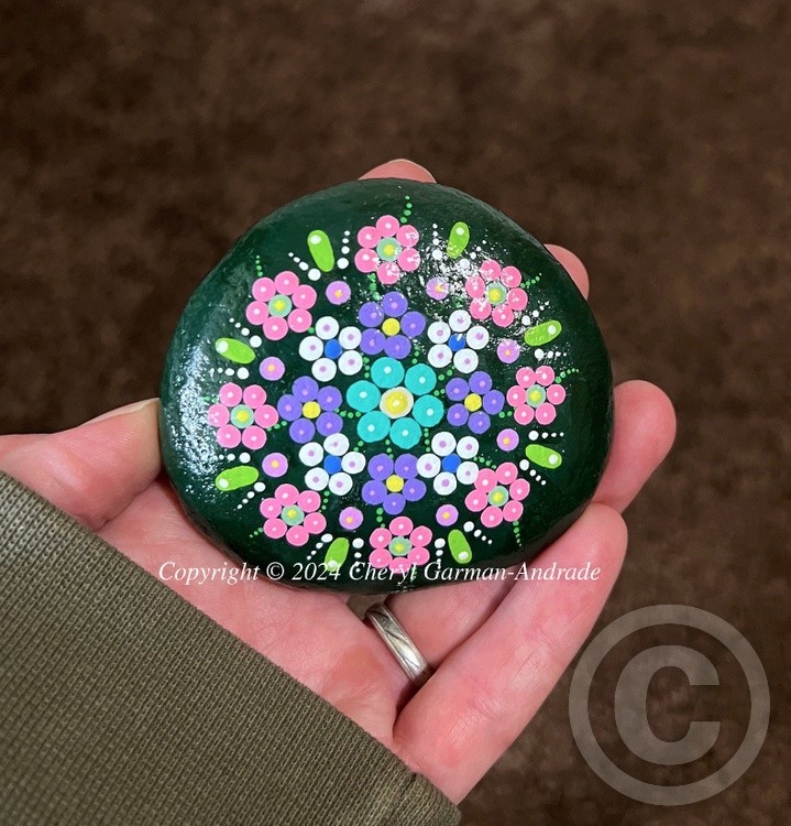 Green Flower Mandala Dot Art River Stone 