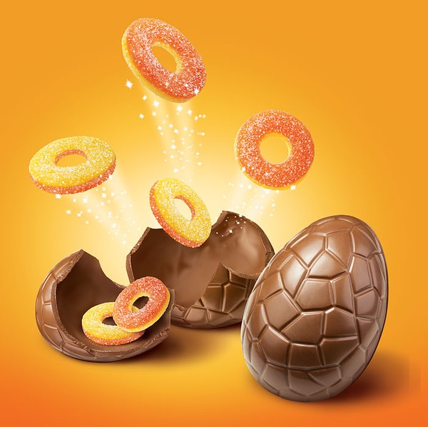 chocolate egg with peach candies