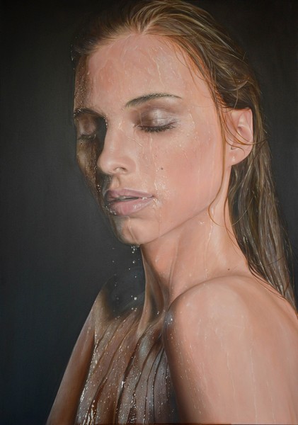 Girl in a dark background with water