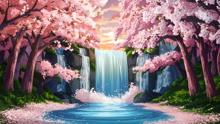 Serene waterfall in a blooming cherry blossom forest