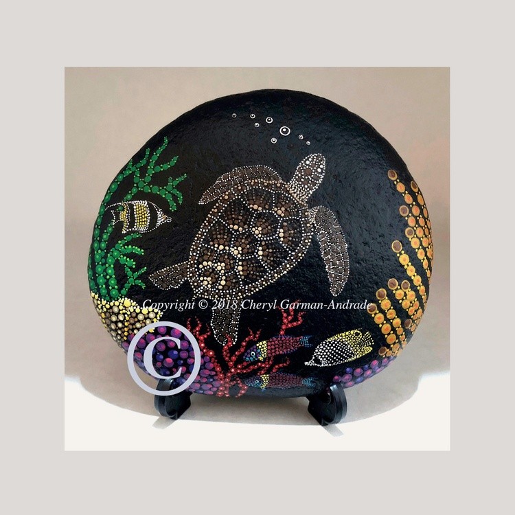 Sea Turtle & Coral Reef Fish Dot Art River Stone - SOLD
