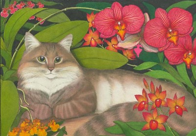 Maine Coon Cat with Orchids