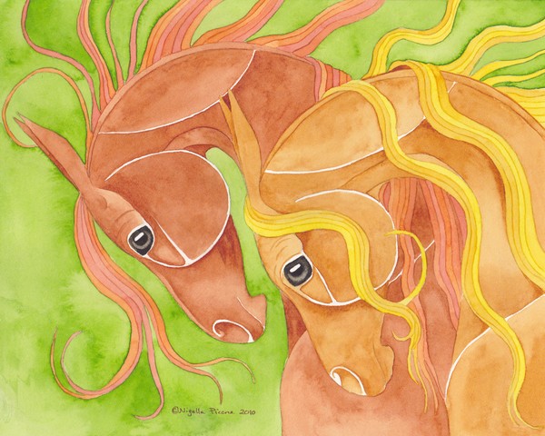 Chestnut Horses On Green