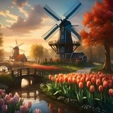 Windmill in Dutch Countryside by River with Tulips