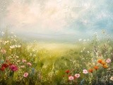 Spring Print, Flower Field Landscape Printable Art, Flower Meadow Oil Painting, Vintage Style decor