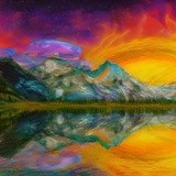 Mountains and lake sunset abstract painting