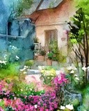 Watercolor patio and flowers