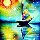 Colorful sailboat ink and water art