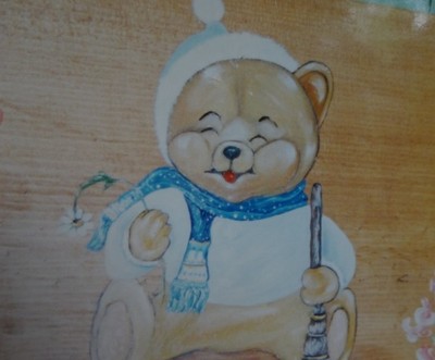 TEDDY BEAR ON WOOD, OIL