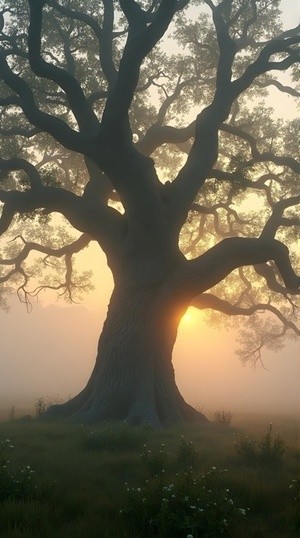 Majestic ancient tree silhouetted against a beautiful misty golden sunrise
