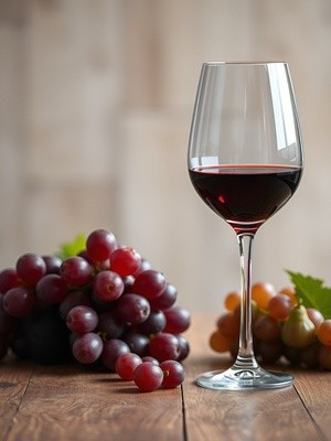 Wine Glass and Grapes on Wooden Table