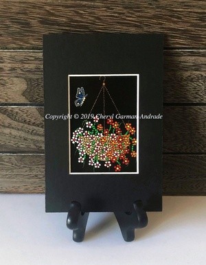 Hanging Flower Basket and Blue Butterfly Dot Art ACEO