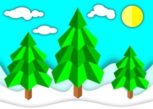 Winter landscape, paper art. Christmas trees made of paper on a sunny day