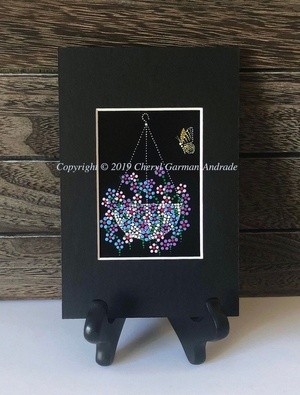 Hanging Flower Basket and Yellow Butterfly Dot Art ACEO