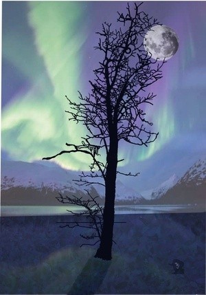 Northern Lights  and Moon