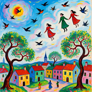Whimsical Village with Floating Figures