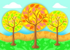 Autumn landscape with three round yellow trees