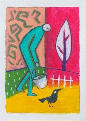 man with pail and crow