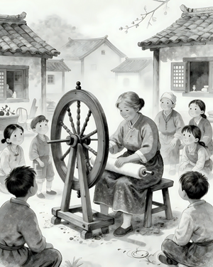 Village Spinner with Children Gathering