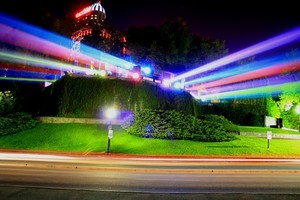 Lights shine on niagara falls