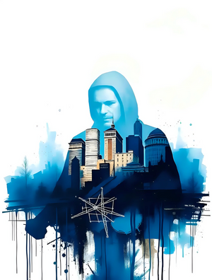 Mysterious Hooded Figure Over Cityscape