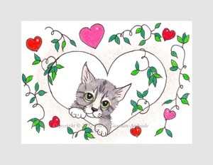 Gray Kitty & Hearts Whimsical Illustration