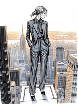 Woman in Power Suit Over Cityscape