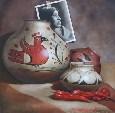 Red Pot and Peppers Still Life by K. Henderson 