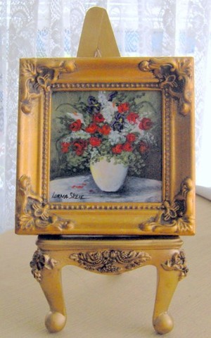 Red roses, white lilies and iris miniature /easel