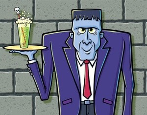 Creepy Blue Monster Butler With Green Drink Bkgrd2