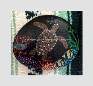 Sea Turtle, Parrot Fish & Moorish Idols Dot Art River Stone 